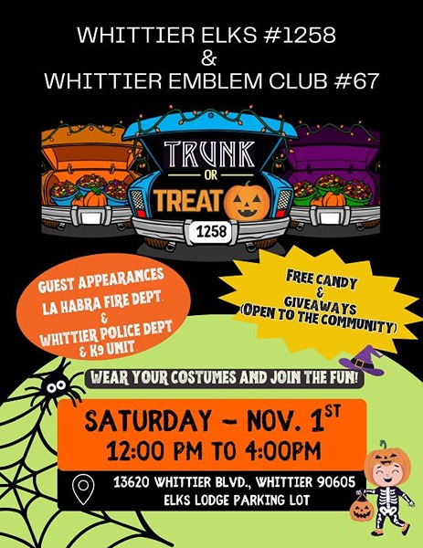 Whittier Elks Trunk Or Treat Car Meet flyer 2025